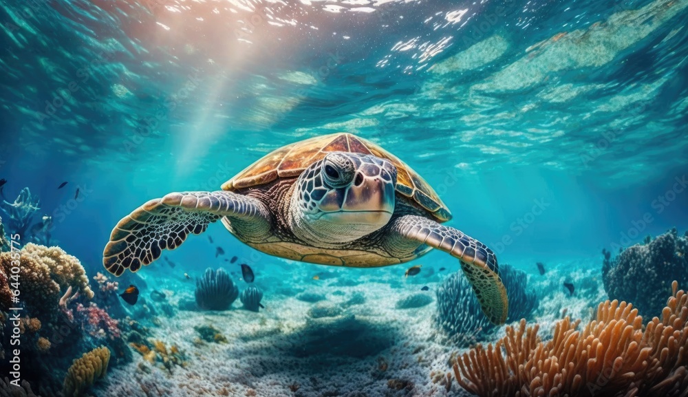 Obraz premium turtle with Colorful tropical fish and animal sea life in the coral reef, animals of the underwater sea world, Generative AI