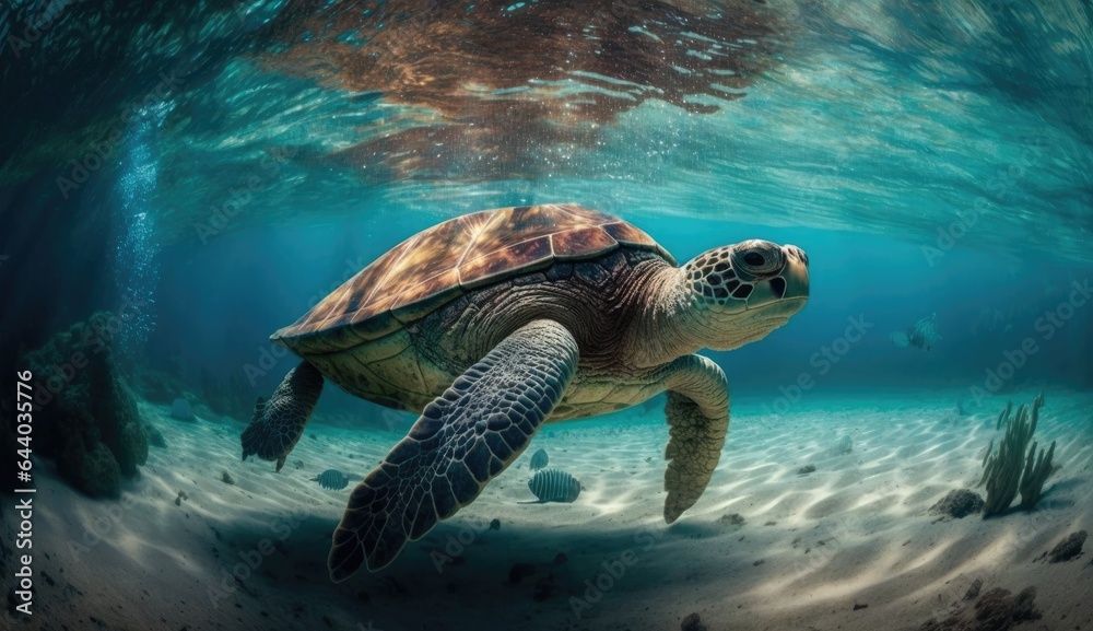 Obraz premium turtle with Colorful tropical fish and animal sea life in the coral reef, animals of the underwater sea world, Generative AI