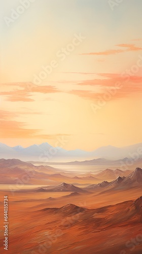 A painting of a desert with mountains in the background