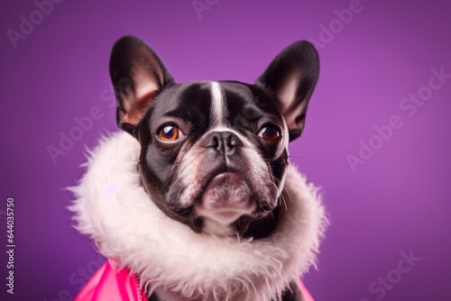 Close-up portrait photography of a funny boston terrier wearing a sherpa coat against a vibrant purple background. With generative AI technology