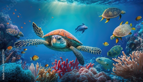 turtle with Colorful tropical fish and animal sea life in the coral reef, animals of the underwater sea world, Generative AI © khwanchai