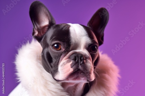 Close-up portrait photography of a funny boston terrier wearing a sherpa coat against a vibrant purple background. With generative AI technology