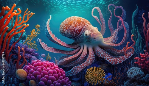octopus in the coral reef, animals of the underwater sea world, Generative AI