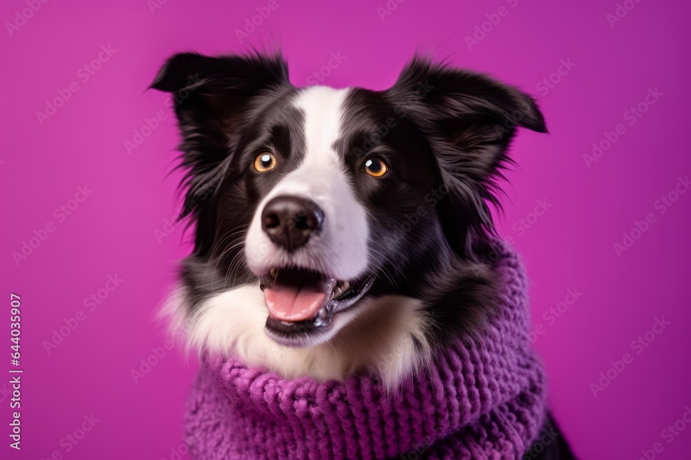 Lifestyle portrait photography of a happy border collie wearing a snood against a vibrant purple background. With generative AI technology