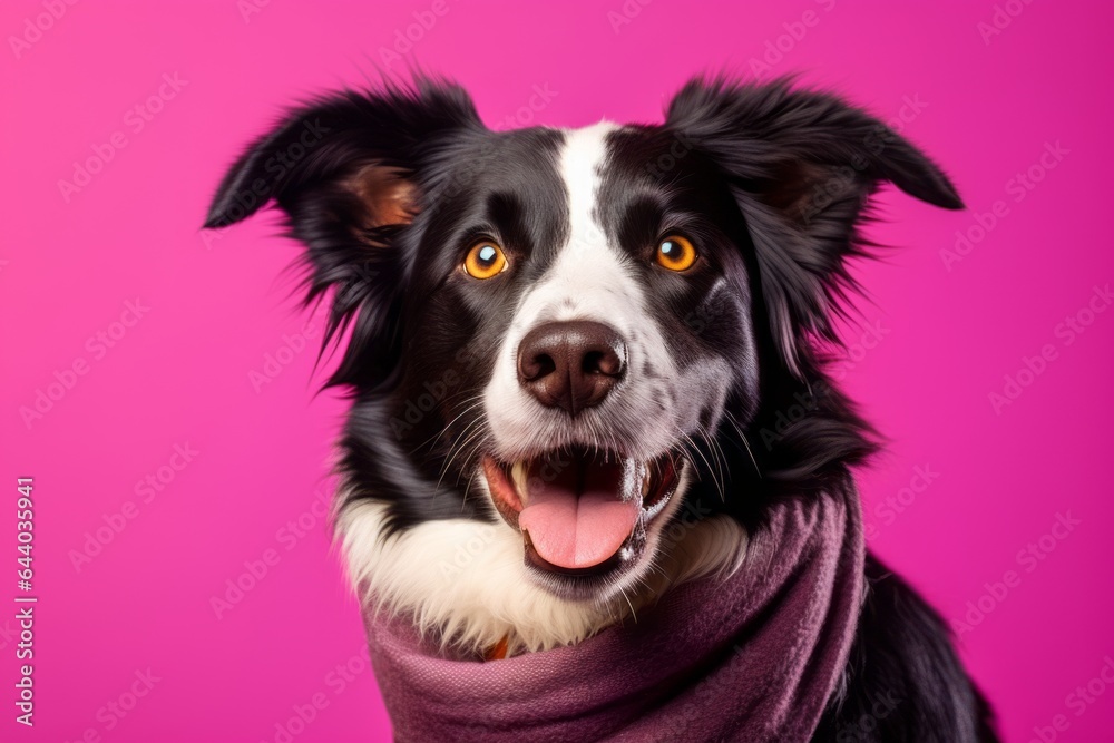 Lifestyle portrait photography of a happy border collie wearing a snood against a vibrant purple background. With generative AI technology