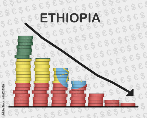 Ethiopia economic collapse, decreasing values with coins, crisis and downgrade concept