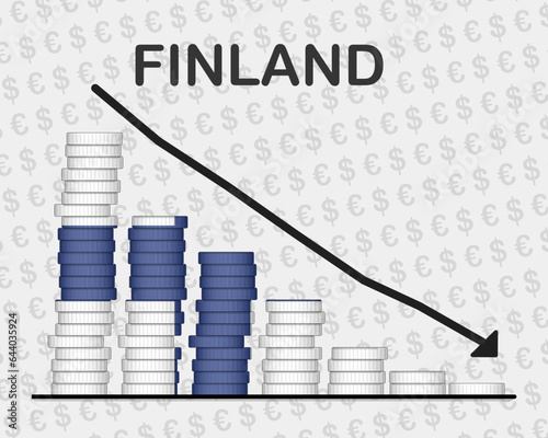 Finland economic collapse, decreasing values with coins, crisis and downgrade concept