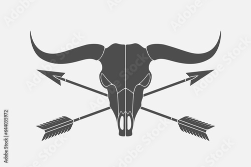 Bull skull and crossed two arrows graphic badge. Isolated sign on white background. Vintage symbol. Vector illustration