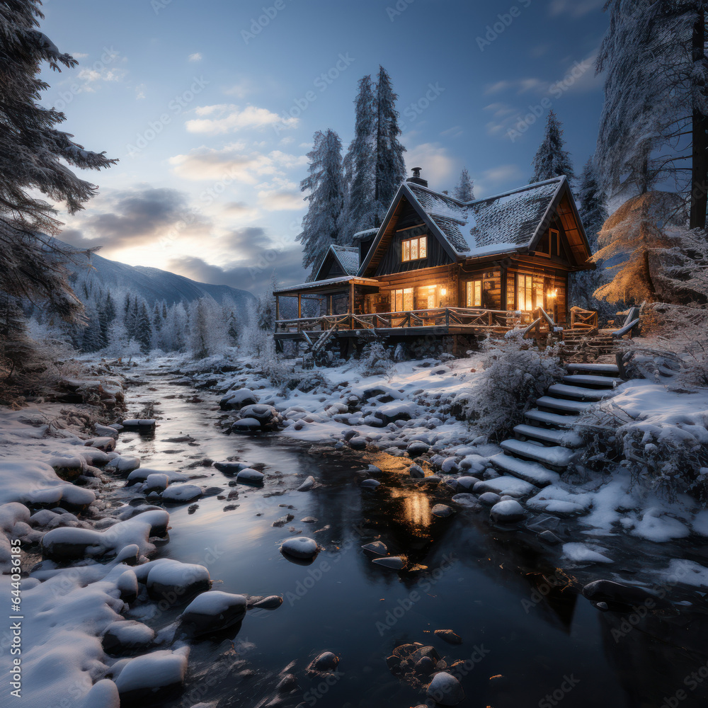 Fototapeta premium A snowy winter wonderland with a cozy cabin 