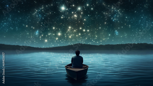 man in a boat sea and starry sky at night with reflection  dream sleep picture in imagination