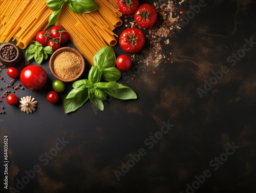 Traditional Italian food, raw spaghetti, tomato, basil, garlic. Copy space for text, Dark background
