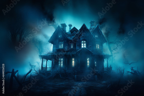 a dark haunted house with lighted windows on a creepy foggy Halloween night