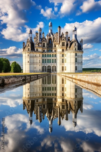 castle standing on top of a reservoir, baroque, grandiose structure photo