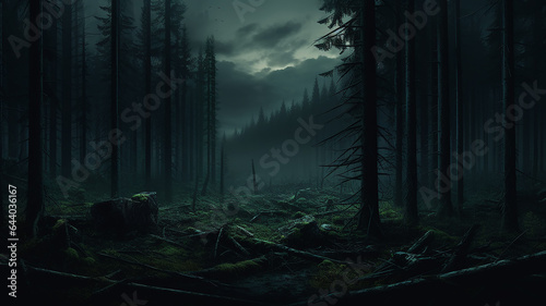 landscape mystical white fog in the autumn depressive forest, sadness loneliness mood © kichigin19