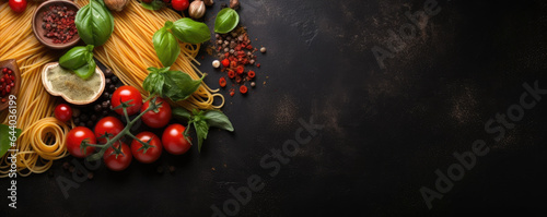 Traditional Italian food, raw spaghetti, tomato, basil, garlic. Copy space for text, Dark background