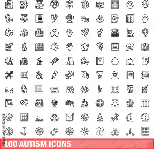 100 autism icons set. Outline illustration of 100 autism icons vector set isolated on white background