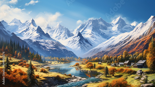 landscape panorama drone view indian summer in the mountains alpine landscape rocks river and autumn forest