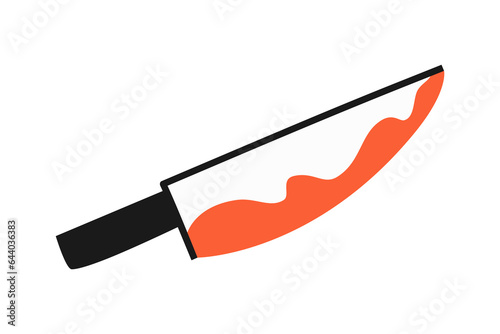Hand drawn cute cartoon illustration of little bloody knife. Flat vector Halloween murder weapon sticker in simple colored doodle style. Kitchen item icon or print. Isolated on white background.