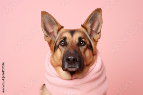 Medium shot portrait photography of a cute german shepherd wearing a snood against a pastel pink background. With generative AI technology