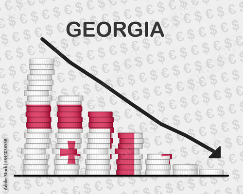 Georgia economic collapse, decreasing values with coins, crisis and downgrade concept