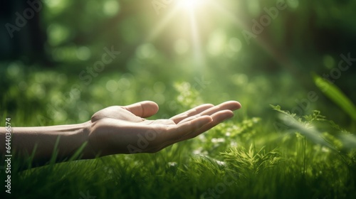 A person holding out their hand in the grass photo