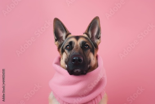 Medium shot portrait photography of a cute german shepherd wearing a snood against a pastel pink background. With generative AI technology