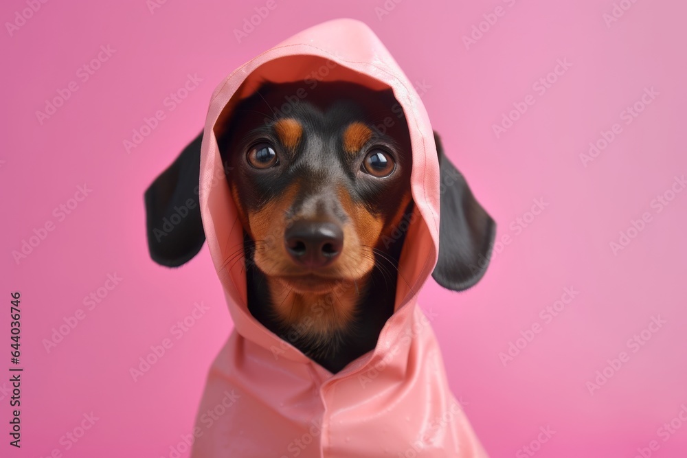 Headshot portrait photography of a funny dachshund wearing a raincoat against a pastel pink background. With generative AI technology