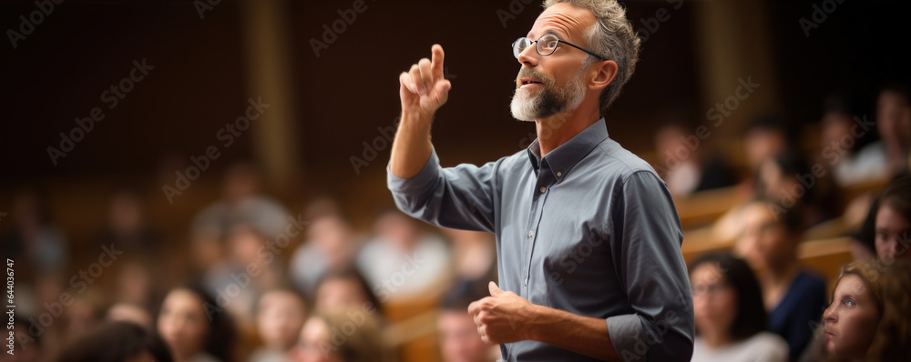 A profesor giving a lecture to students in an auditorium, or hall. A seminar for students A profesor giving a lecture to students in an auditorium, or hall. A seminar for students