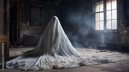 Ghost covered with a white ghost sheet in abandoned house. Halloween Concept