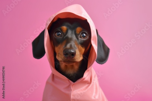 Headshot portrait photography of a funny dachshund wearing a raincoat against a pastel pink background. With generative AI technology © Markus Schröder