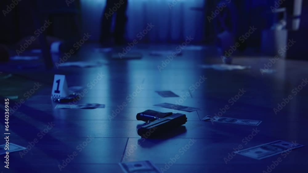 Closeup shot of the floor in the dark room. Handgun, money, jewellery and traces of blood on it. Policeman puts evidence numbers.