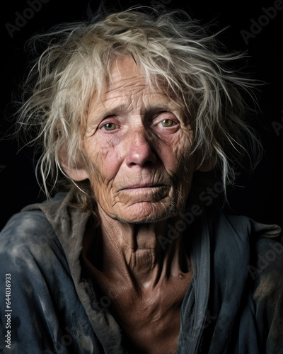 Close-up portrait of a homeless old woman face, looking wrinkled with age isolated on black background