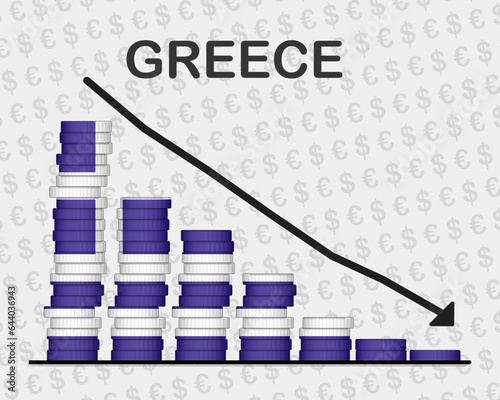 Greece economic collapse, decreasing values with coins, crisis and downgrade concept