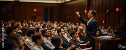 A profesor giving a lecture to students in an auditorium, or hall. A seminar for students © Daniela