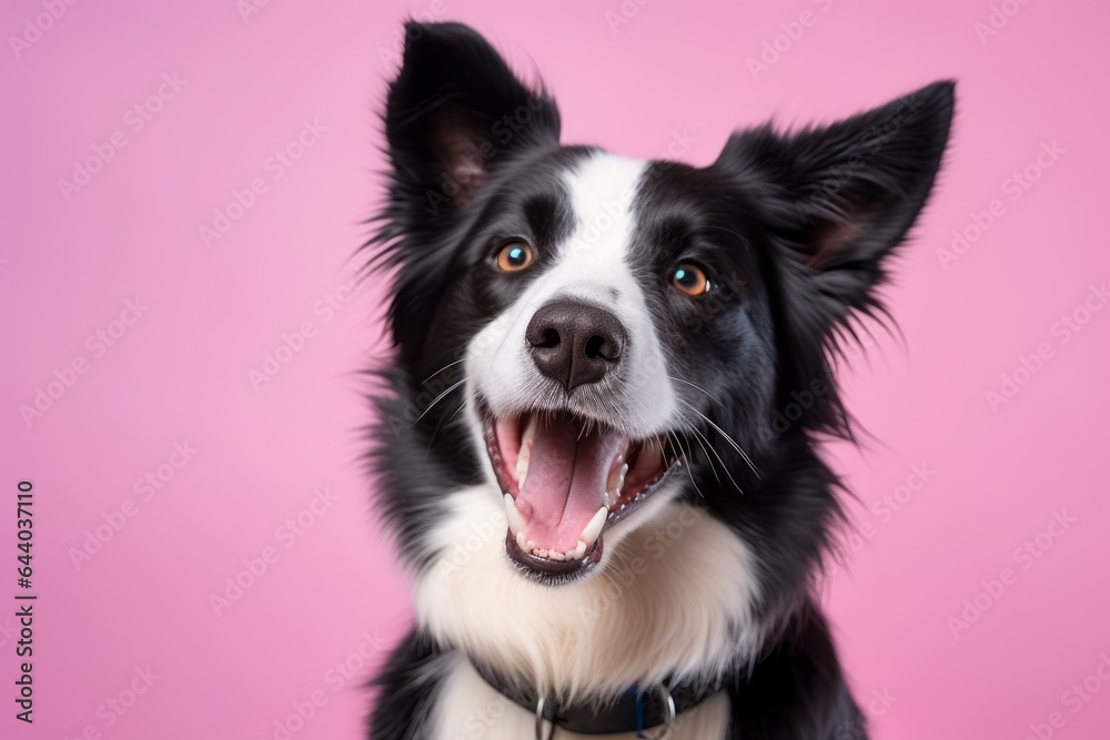 Lifestyle portrait photography of a smiling border collie wearing a sailor suit against a pastel pink background. With generative AI technology