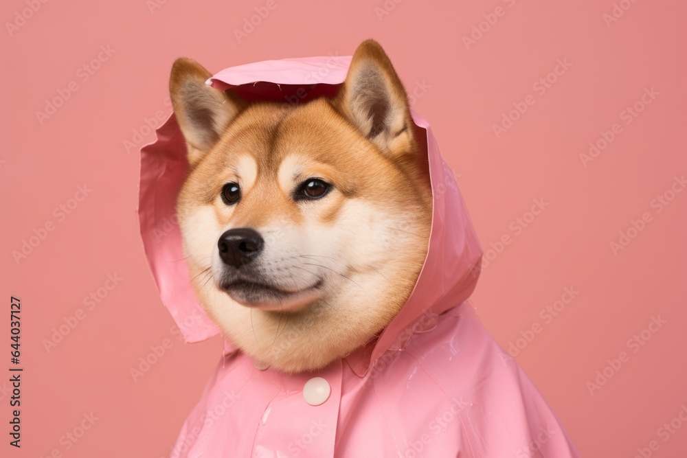 Photography in the style of pensive portraiture of a cute akita wearing a raincoat against a pastel pink background. With generative AI technology