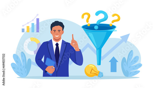 Businessman thinking about attracting customers, followers, making profit. Sales funnel of leads. Business strategy. Monetization tips. Increasing conversion rates SMM strategies