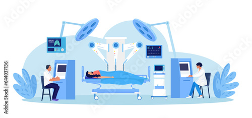 Robotic surgery. Surgeon controlling, manipulating robot arm. Innovative medicine. Medical staff performing operation on patient with help of robotic, automated equipment. Innovation surgical process