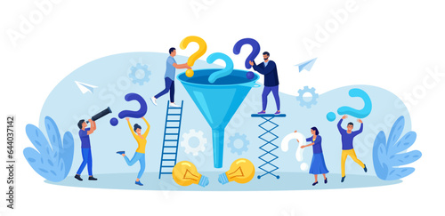 FAQ frequently asked question. Business people with funnel to get solution, filter with question marks. Solving problem, brainstorming, problems research and finding new idea, answer questions