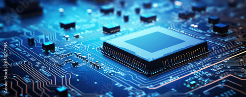 Digital Microprocessor. Computer Controller Circuit Board closeup Main Central Processing Unit Electronic Chips with Data Signal Lane