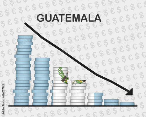 Guatemala economic collapse, decreasing values with coins, crisis and downgrade concept