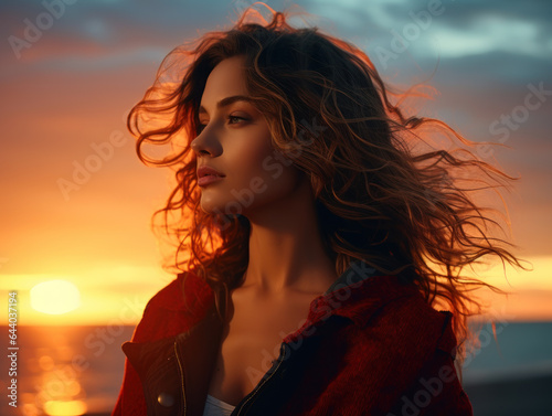 Close up portrait of beautiful blond woman posing on the beach in sunset light