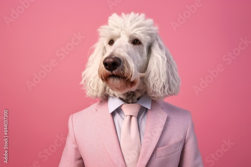Photography in the style of pensive portraiture of a funny komondor dog wearing a dapper suit against a pastel pink background. With generative AI technology © Markus Schröder