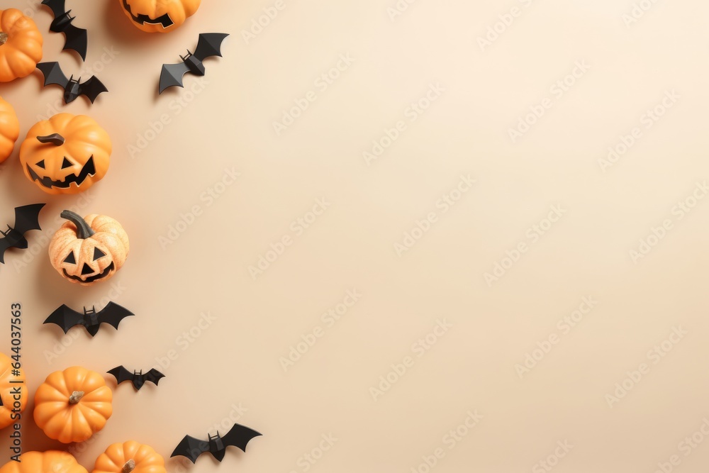 Halloween composition. Halloween decorations, pumpkins, ghosts, paper bats, spiders on pastel beige background. Halloween concept. Flat lay, top view, copy space