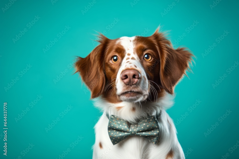 Lifestyle portrait photography of a happy brittany dog wearing a cute bow tie against a turquoise blue background. With generative AI technology