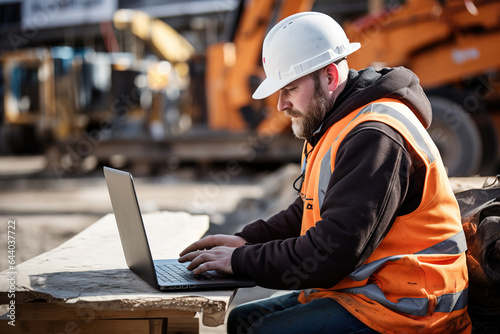 A construction worker works on a construction site on a laptop.