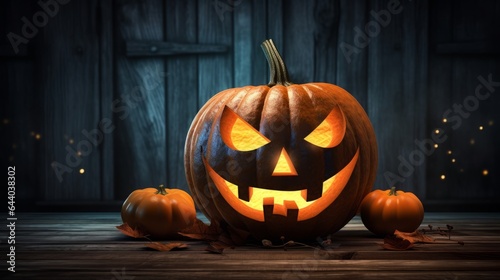 Halloween pumpkin Jack-o-lantern on the dark wooden background with a scary face as a symbol of halloween night with the concept full moon behind it