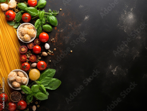 Italian spaghetti on dark black board background, above top view, text copy space, uncooked raw Italian pasta, tomatoes, basil, cooking ingredients on wooden table counter