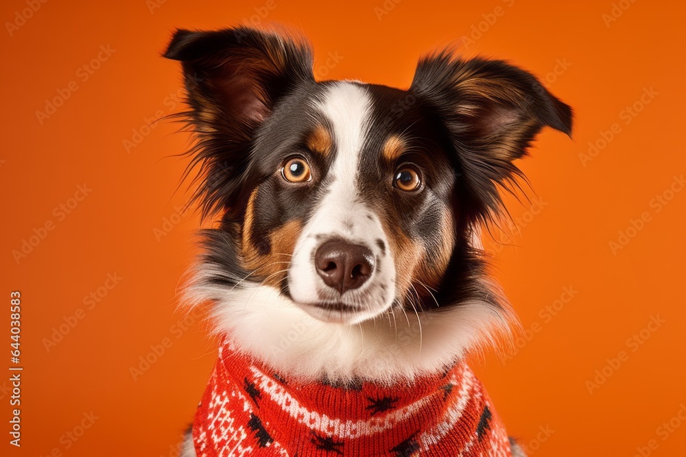 Medium shot portrait photography of a cute border collie wearing a festive sweater against a bright orange background. With generative AI technology Medium shot portrait photography of a cute border collie wearing a festive sweater against a bright orange background. With generative AI technology