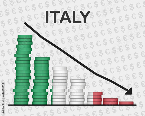Italy economic collapse, decreasing values with coins, crisis and downgrade concept